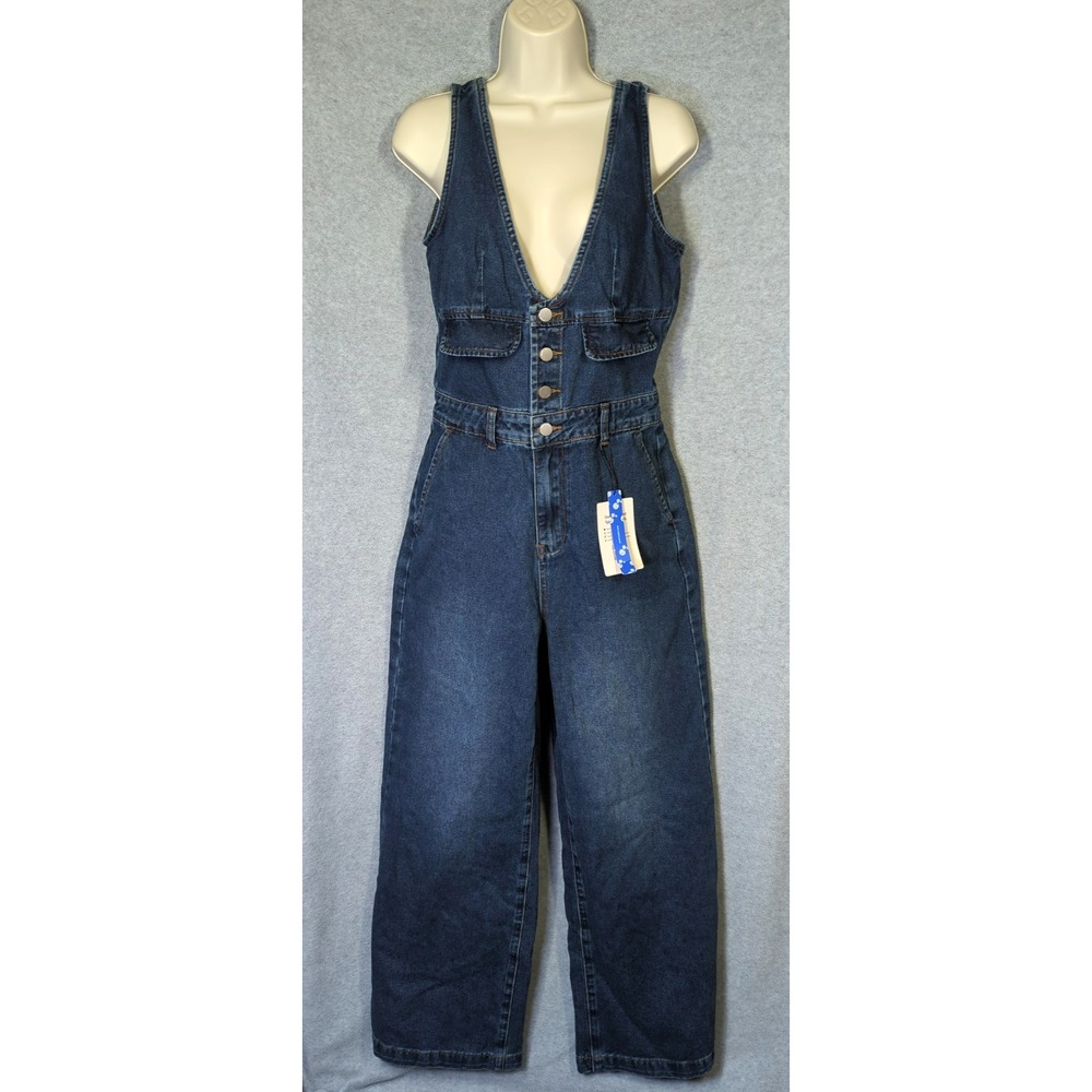 NWT Cider Denim Jumpsuit Small V-neck Button Wide Leg Blue One Piece Casual Chic